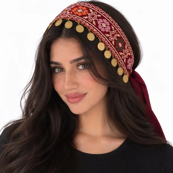 Burgundy Tatreez Headband with Coins